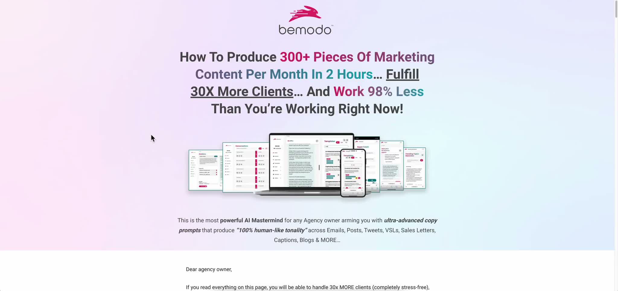 Bemodo AI Mastermind landing page headline about producing 300 pieces of marketing content per month in 2 hours