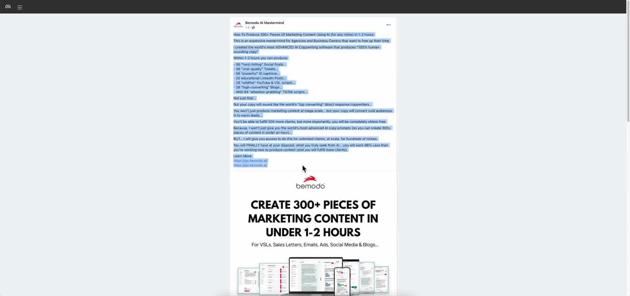 The single Bemodo Facebook ad used for the entire campaign, with long form copy and a simple graphic about creating 300 pieces of content
