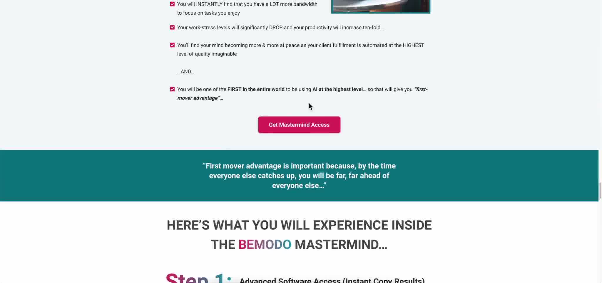 The first call to action button on the Bemodo sales letter, appearing far down the page after extensive copy