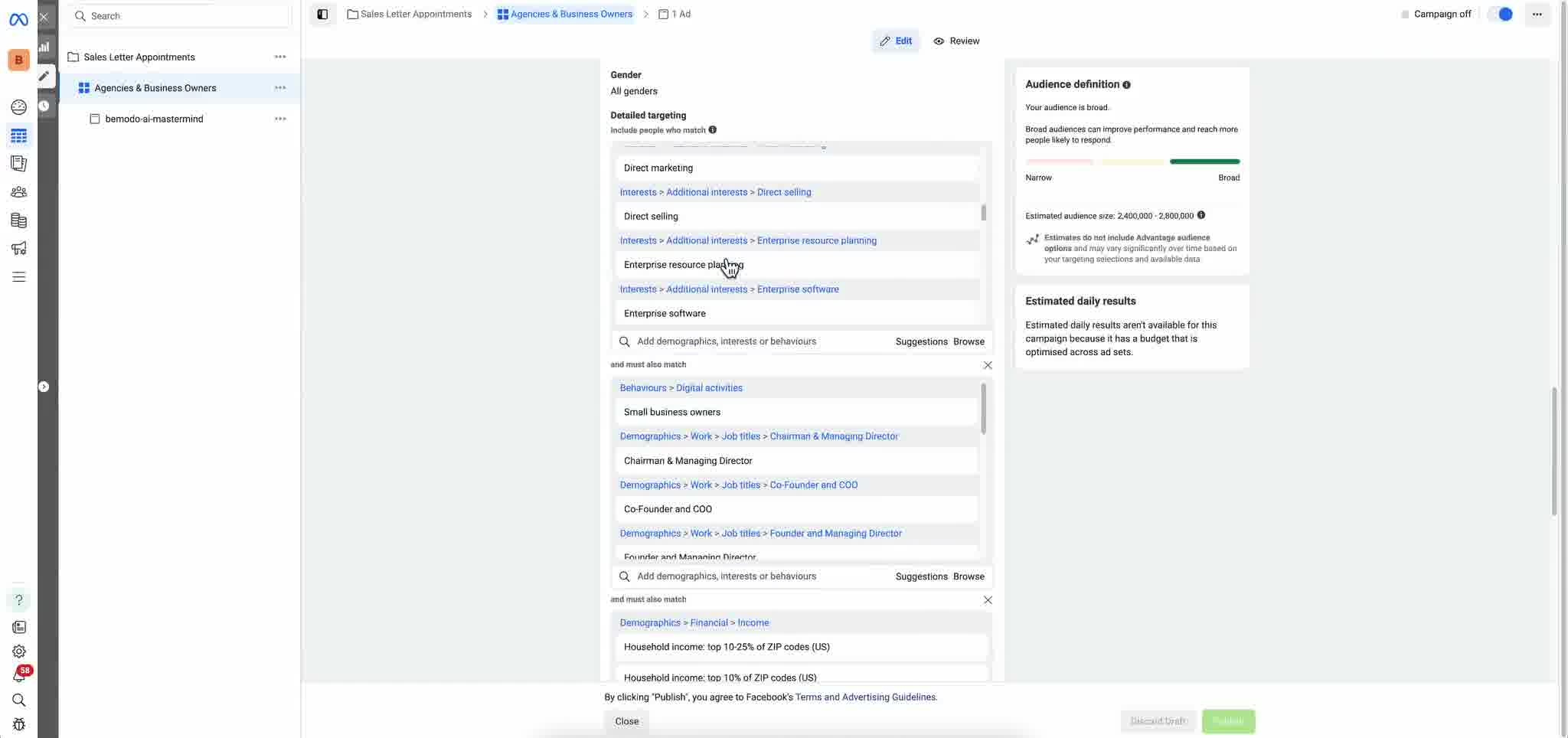 Facebook Ads Manager three layer targeting stack for Bemodo showing interests, then business owner job titles and behaviours, then household income by ZIP code