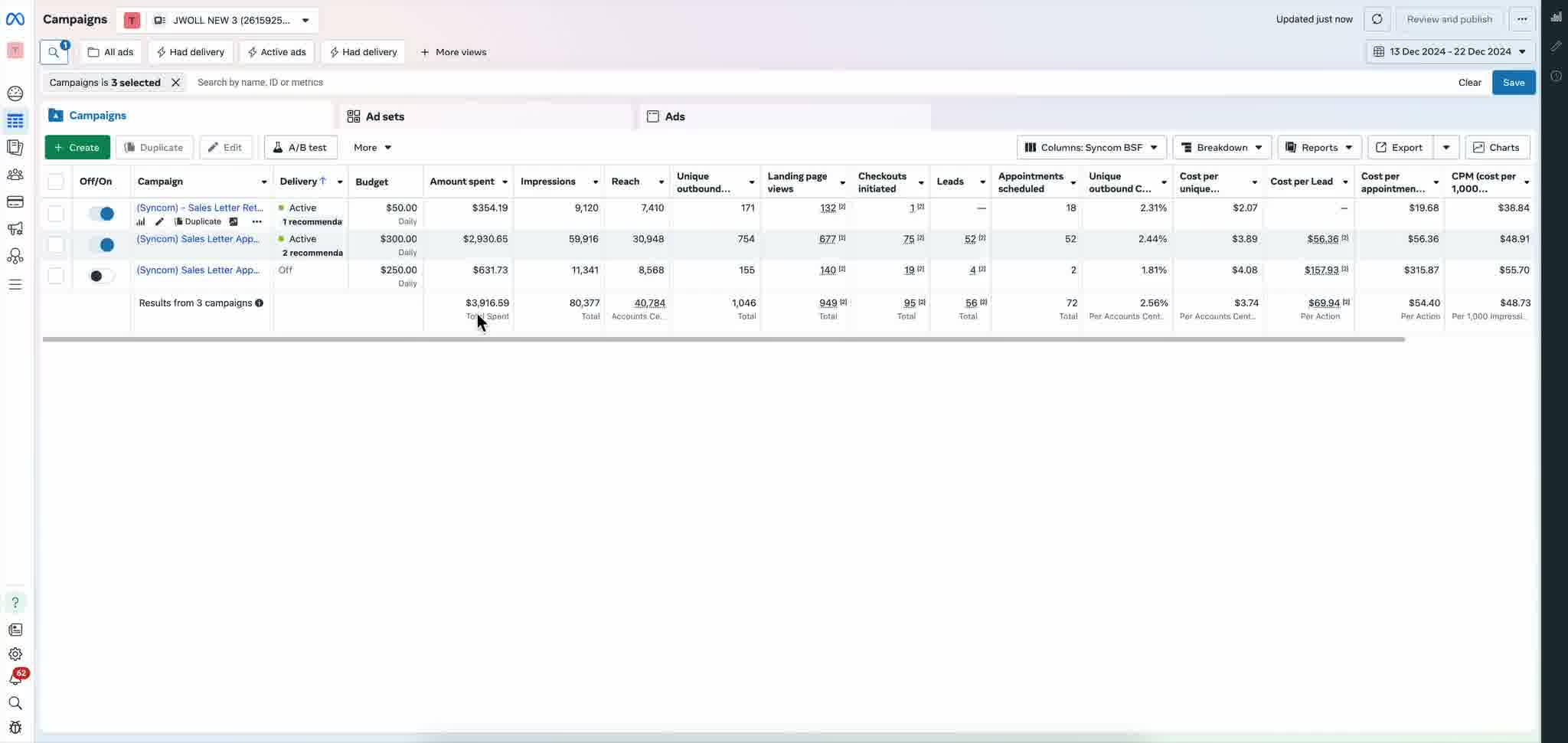 Meta Ads Manager dashboard showing Beyond Six Figures 9-day results: $3,916.59 spent, 56 leads, 72 booked appointments