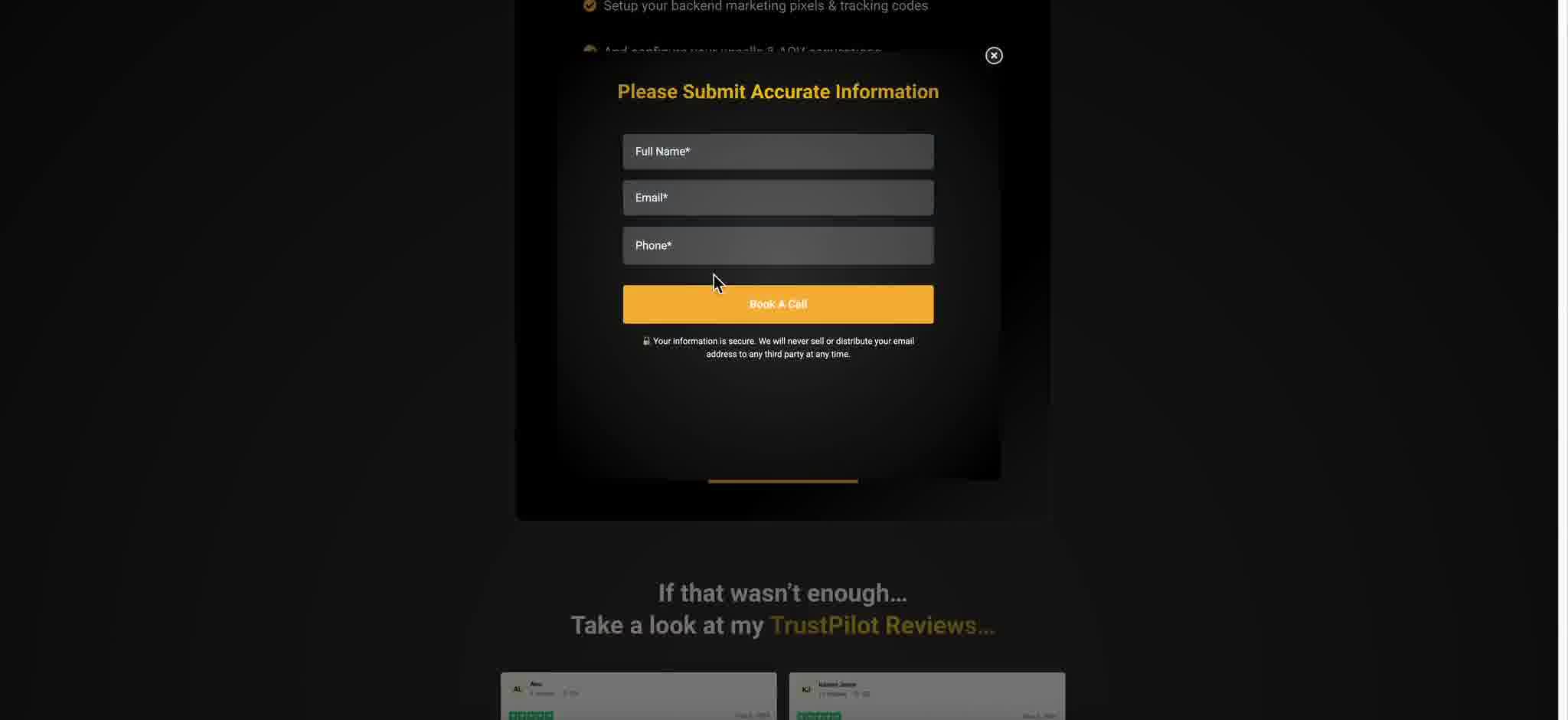Book a call opt-in form at the end of the Beyond Six Figures sales letter