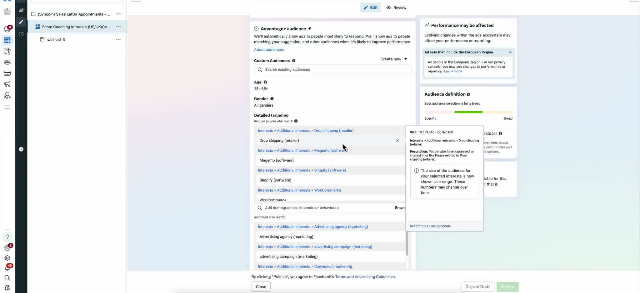 Facebook Ads Manager detailed targeting setup showing the interest stack used to reach e-commerce and dropshipping business owners