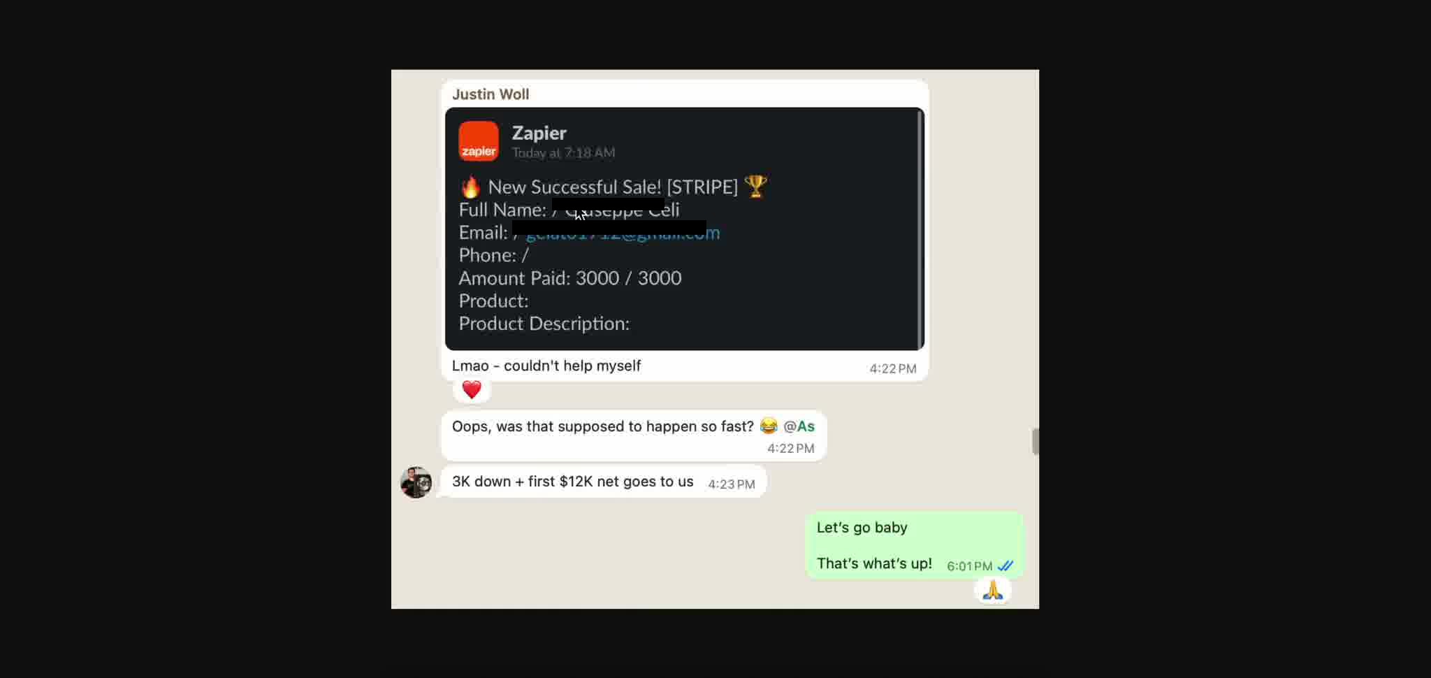 Stripe sale notification and text message conversation showing the first $3,000 deposit closing within 12 hours of the campaign going live