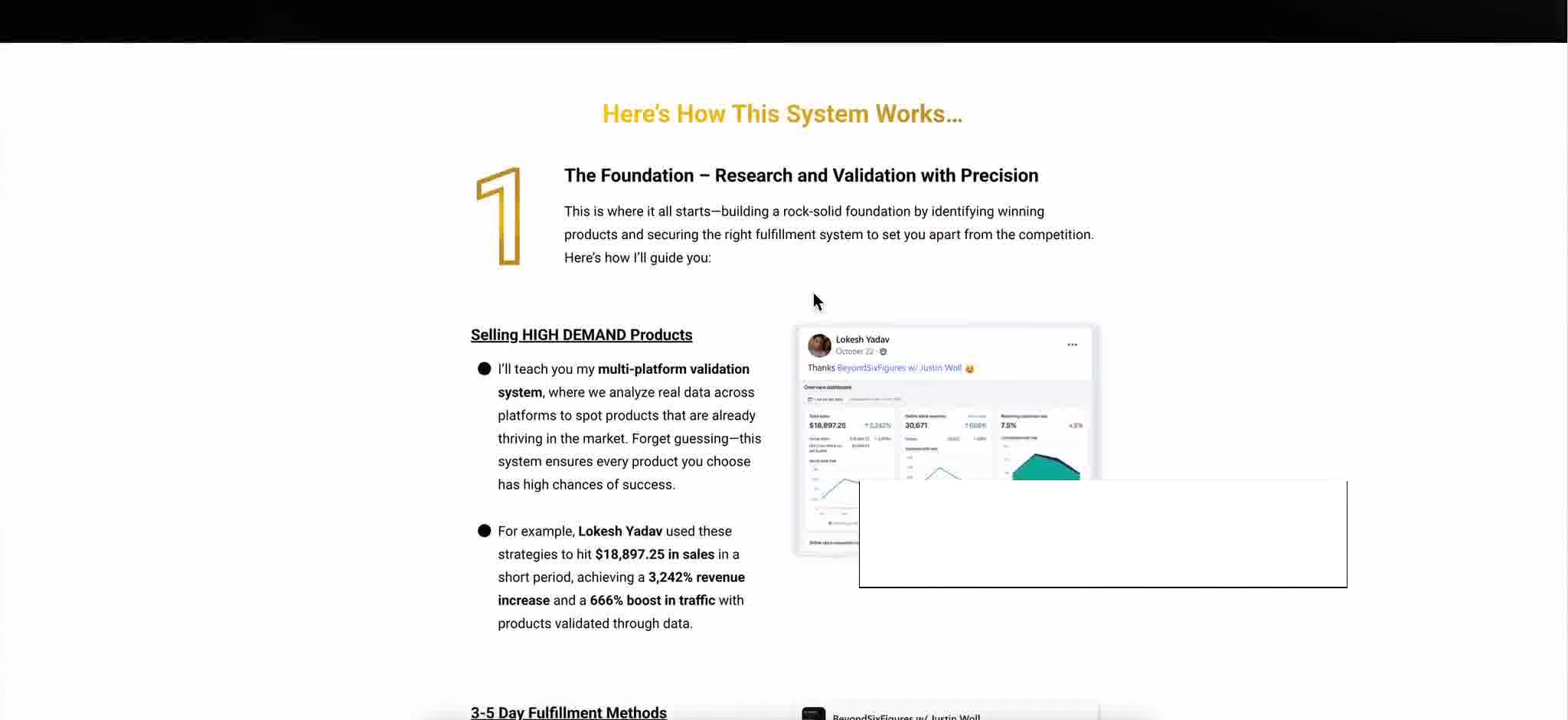 Sales letter section titled Here's How This System Works, breaking down the foundation step with a student result