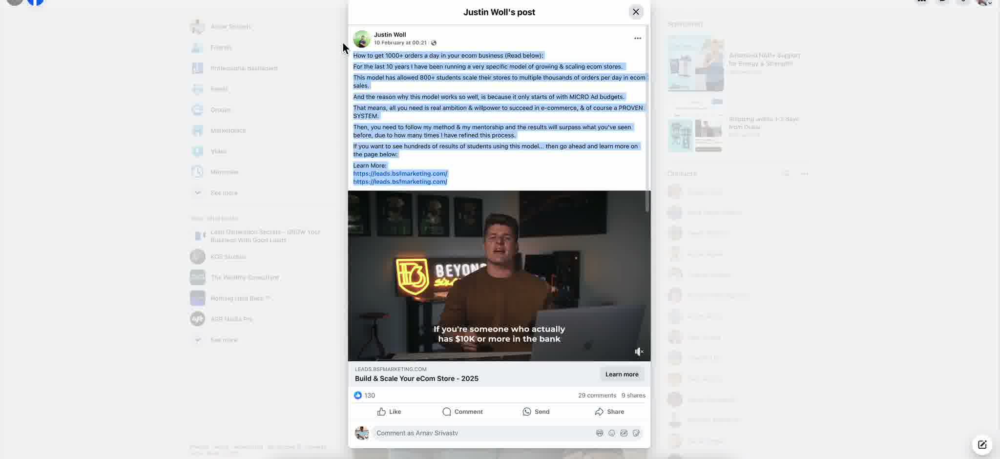 Justin Woll's video ad creative on Facebook, the ad that was still driving the funnel three months in