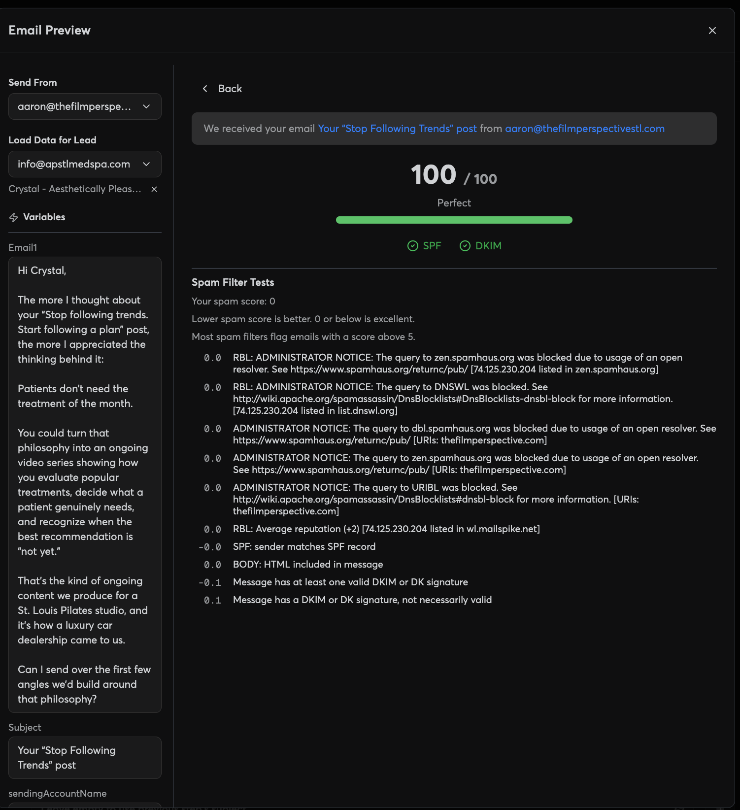 A message-level deliverability test showing SPF and DKIM passing