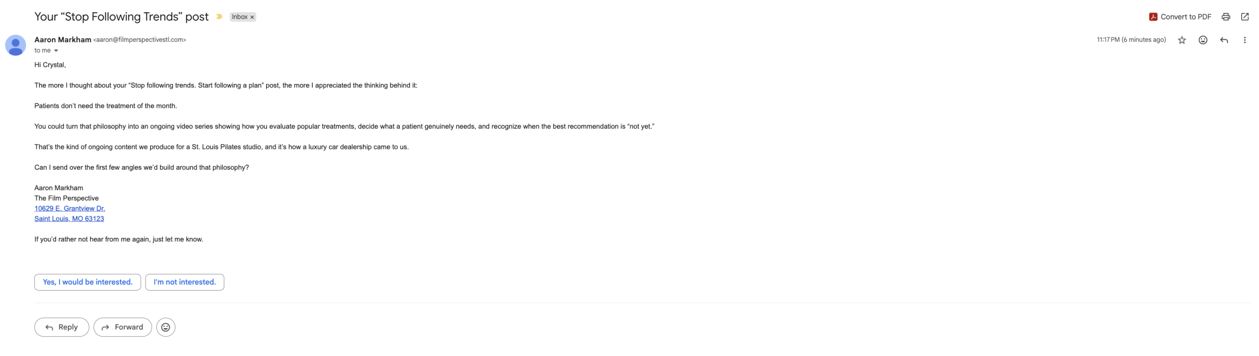 A live campaign email in Gmail