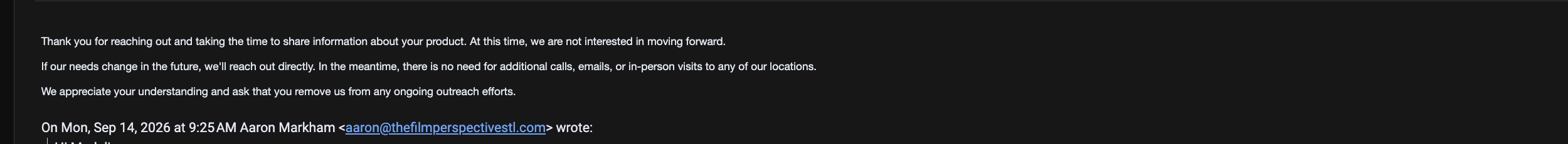 A polite opt-out asking to be removed from future outreach